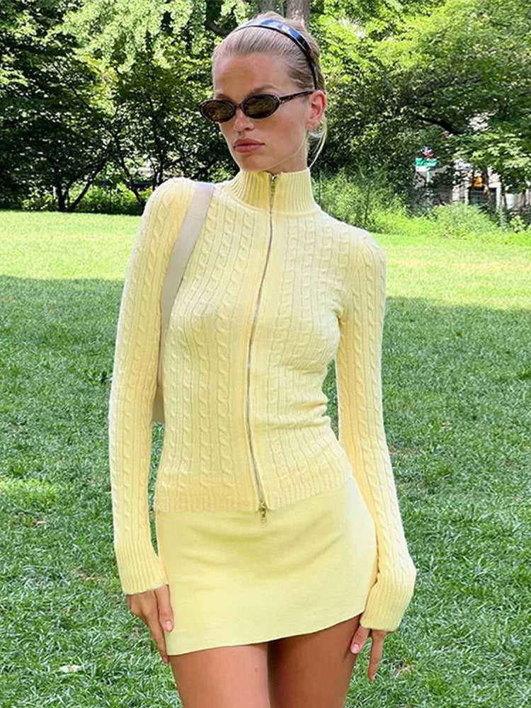 Casual Knitted Solid Zipper Sweater Woman Vintage Slim Fit Stand Collar Cardigan Sweaters Lady Autumn Versatile Street Knitwear