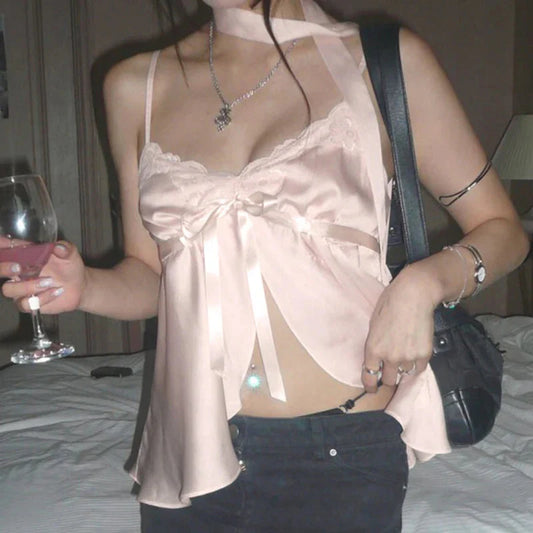 Kawaii Bandage Lace Pink Camisole Sweet Patchwork Satin Crop Tops with Slit y2k Vintage Tank Tops Cute