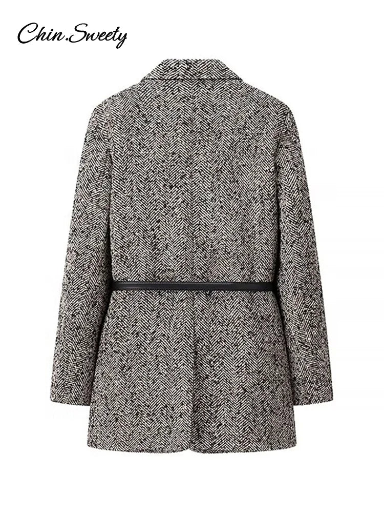 Winter With Belt Blazer Coat Women Loose Lapel Tweed Wool Blends Warm Jacket Fashion Temperament Commuting Lady Elegant Outwear