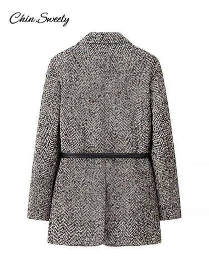 Winter With Belt Blazer Coat Women Loose Lapel Tweed Wool Blends Warm Jacket Fashion Temperament Commuting Lady Elegant Outwear
