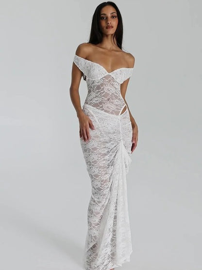 Sexy Lace Deep V Sleeveless Slim Dress Women Perspective Tight Split Backless Charming Long Dress Party Holiday Beach