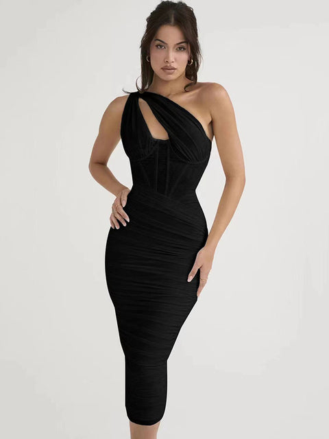 Elegant One Shoulder Ruched Midi Dress For Women Club Party Outfits Summer New Sleeveless Backless Bodycon Long Dress