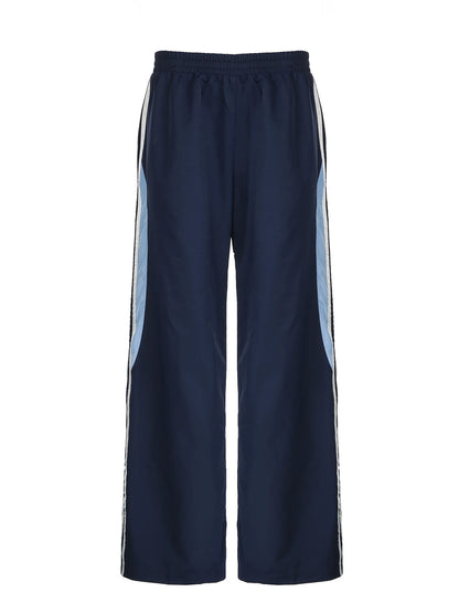 Contrast Stripe Wove Straight Leg Pants For Women Elastic Waist Casual Loose Baggy Trousers Street Jogging Sweatpants