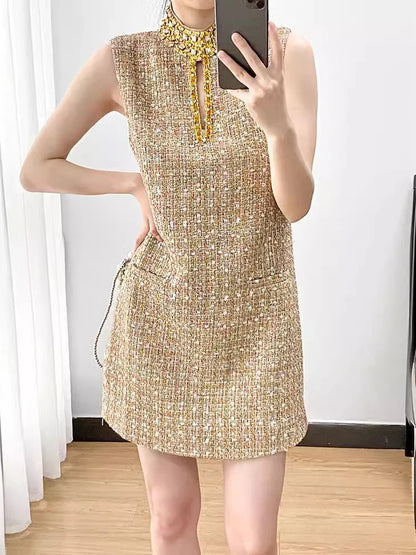 Elegant Tweed Beaded Stand Vest Dress Fashion Gold Hollowed Out Sleeveless Short Dresses Women 2025 New Spring Summer A8299
