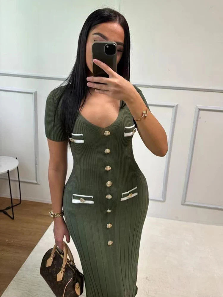 V-Neck Knitted Short Sleeve Button Work Dress