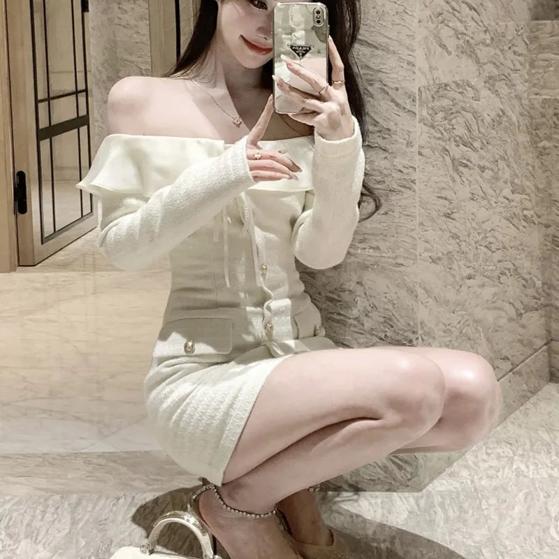 Elegant Tweed Slash Neck Short Dresses for Women Long Sleeve Slim Waist Birthday Party Dress Korean Fashion Vestidos Mujer