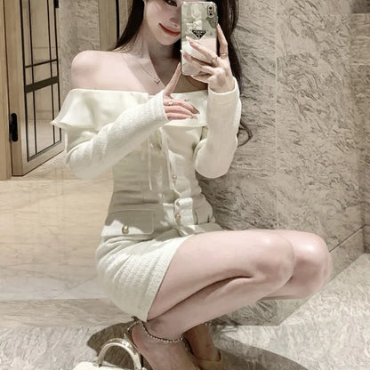 Elegant Tweed Slash Neck Short Dresses for Women Long Sleeve Slim Waist Birthday Party Dress Korean Fashion Vestidos Mujer