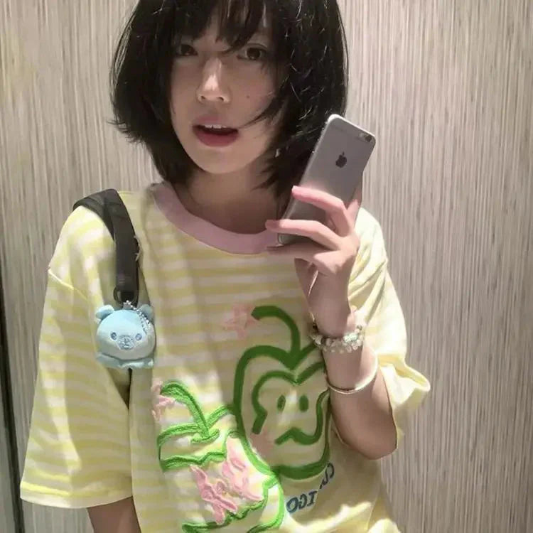 Apple Embroidery T Shirt Korean Style Striped Short Sleeved T-shirts Y2k Clothes Gentle O Neck Tees Top