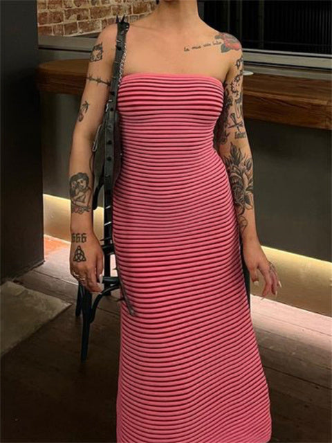 Striped Knit Female Long Dress Bandeau Loose Contrast Fashion High Waist Backless Patchwork Summer Knitwear Maxi Dress