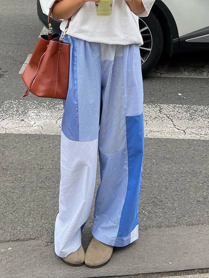Grunge Aesthic Color Block Blue Stripe Baggy Trousers For Women Elastic Waist Loose Casual Woven Pants Lazy Homewear