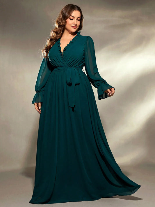 plus size V-neck irregular cross folding wood ear lace chiffon long sleeve dress Evening gown Ball dress Party dress
