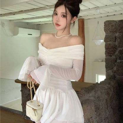Elegant Mini White Dresses for Women Slash Neck Flare Sleeves Slim Waist Ruffles A-line Korean Fashion Short Vestidos Mujer New