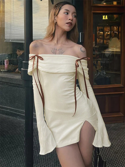 Backless Lace-Up Slim MIni Dress Women's Elegant Ribbed Long Sleeve Off-Shoulder Summer 2024 Dress Female Party Dress New