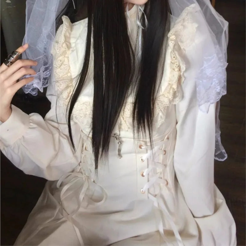 Japanese Style Kawaii Lace-up Midi Dresses Women Princess Party Dress Long Sleeve O-neck High Waist Y2K Gothic Vestidos Mujer