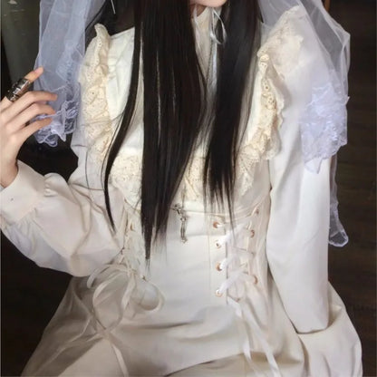Japanese Style Kawaii Lace-up Midi Dresses Women Princess Party Dress Long Sleeve O-neck High Waist Y2K Gothic Vestidos Mujer