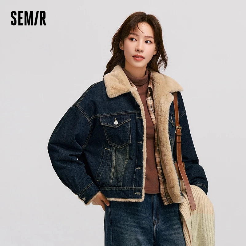 Denim Jacket Women Patchwork Imitation Rabbit Fur Lapel Loose  New Winter Quilted Jacket
