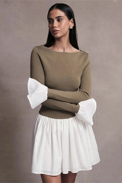Patchwork High Waist Mini Dress with Long Sleeves