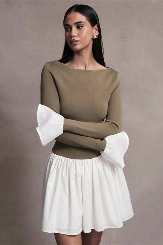 Patchwork High Waist Mini Dress with Long Sleeves