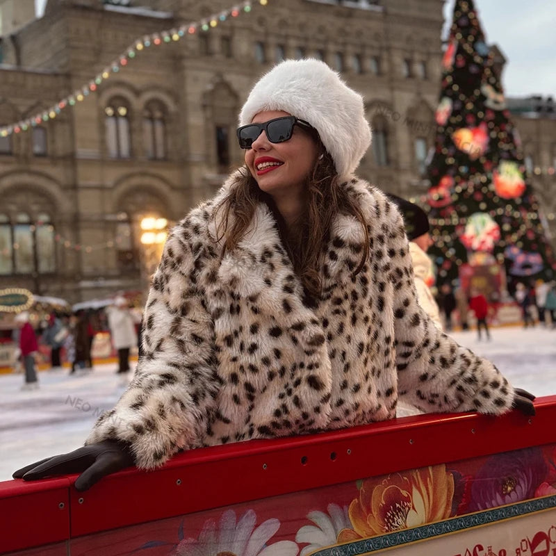 Exclusive Long Brown Leopard Fox Fur Coat Women Winter  New Luxury Hot Brand Fashion Girls Faux Fur Jacket Overcoat