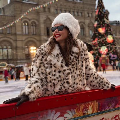 Exclusive Long Brown Leopard Fox Fur Coat Women Winter  New Luxury Hot Brand Fashion Girls Faux Fur Jacket Overcoat