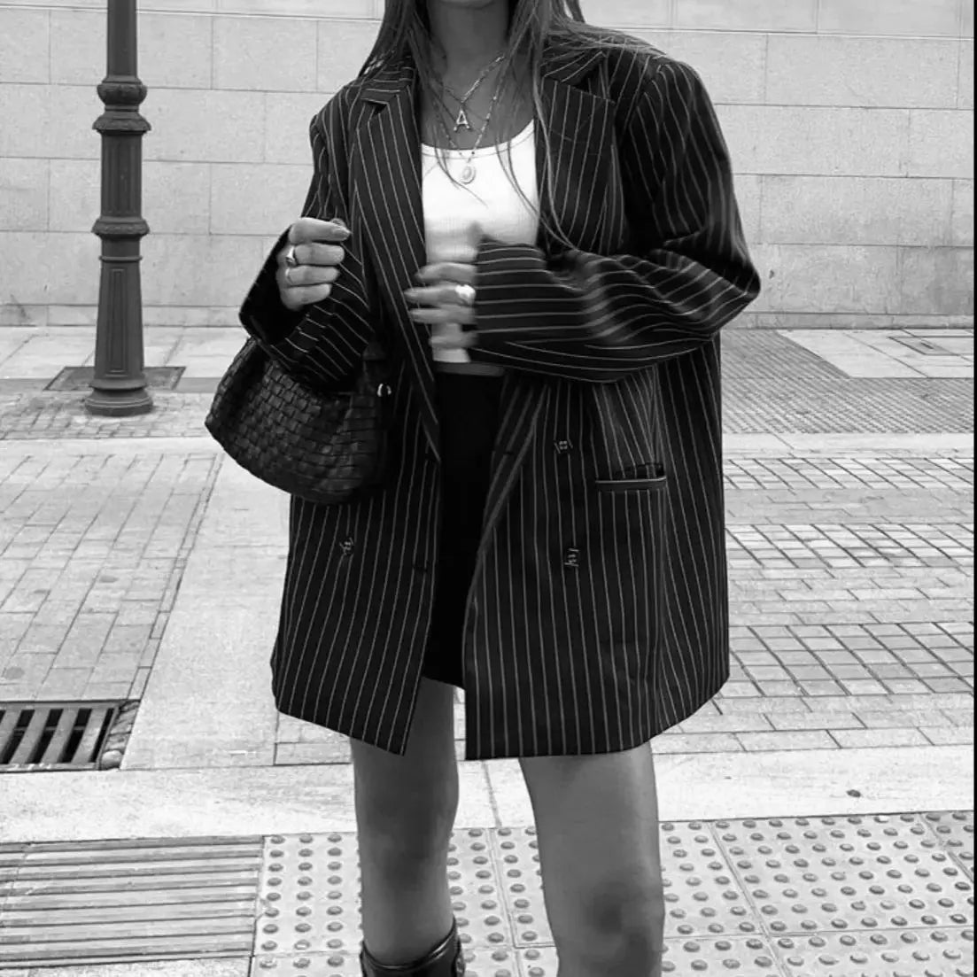 Spring Black Striped Oversized Blazer Women Loose Notched Full Sleeve Suits High Waist Long Flare Pants Halter Tank Tops