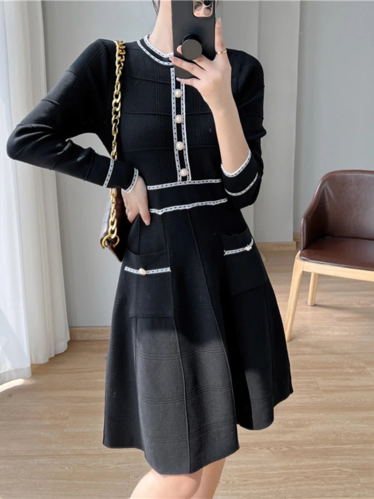 Spring Vintage Party Dresses Women Elegant Slim Knitted Midi Dress A-line Lady Korean Fashion Autumn Vestidos Mujer