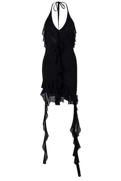 Pleated Irregular Bodycon Mini Dress with Deep V-Neck