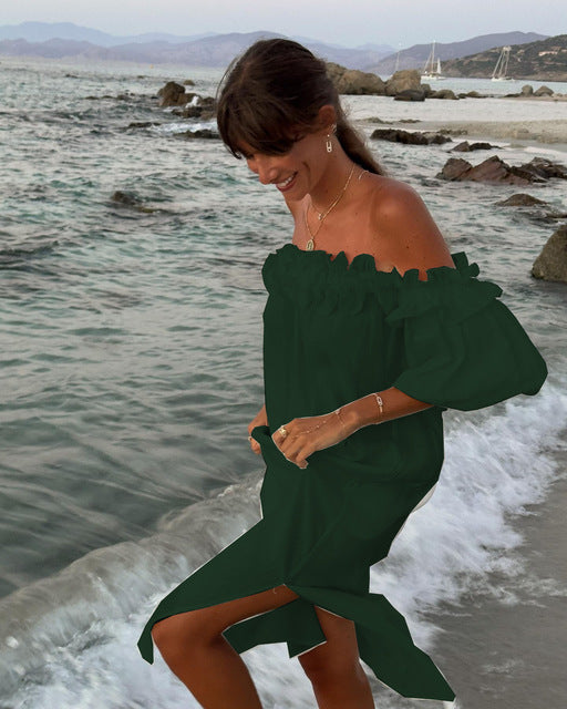 Summer Solid Color Slit Long Dresses Women Sexy Off Shoulder Backless Loose Beach Vacation Dress Fashion Casual Ladies Vestidos