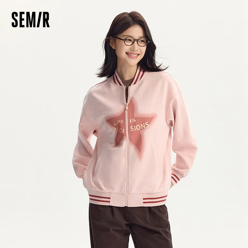 Coat Women Mid-Length Imitation Suede Loose Contrast Color Jacket Autumn Letter American Retro Star Baseball Coat