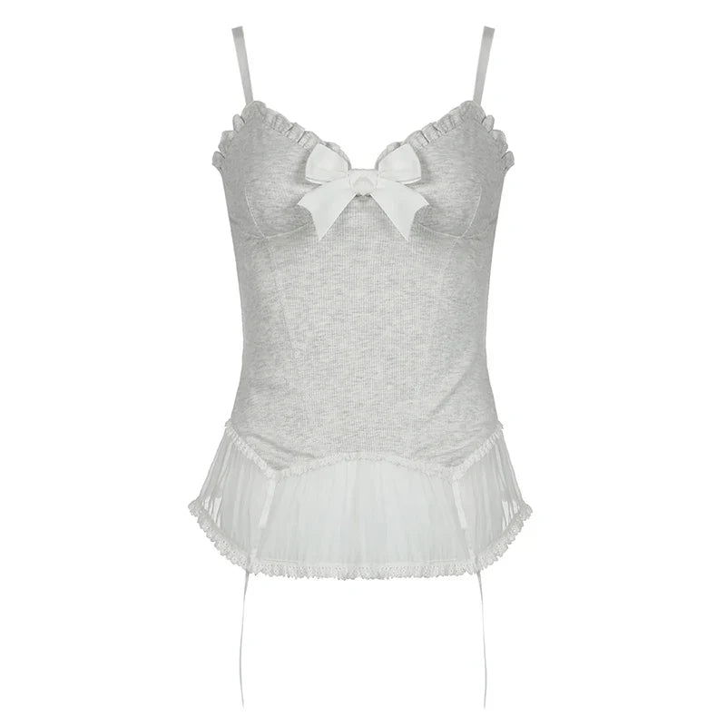 Voguable  Y2K Lace Ruffles Crop Top Coquette Aesthetic Bow Milkmaid Corset Cute Japanese Lolita Style Camis Fairy Vest