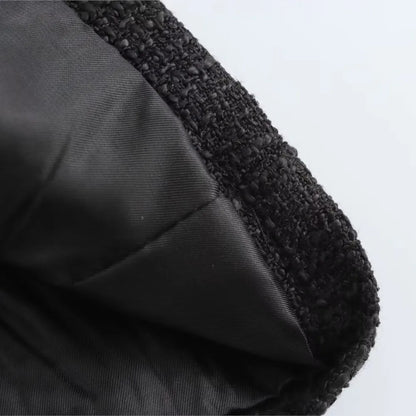 Autumn O neck Soft Woolen Black Tweed Coat Cropped Vintage Women Front Pocket Single-Breated Buttons Short Blazer Elegant Jacket