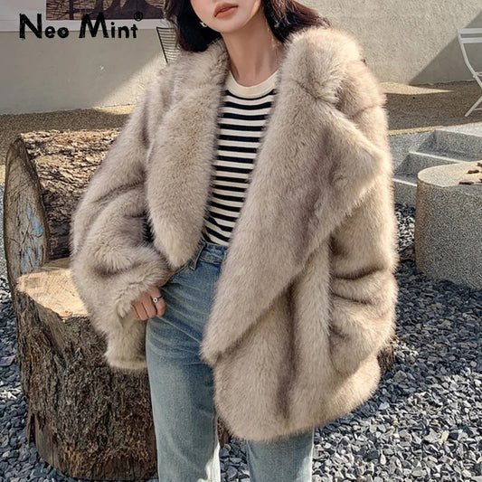 Luxury Brand Fashion Gradient Animal Color Faux Fur Coat Jacket Women  Winter Loose Oversized Long Fluffy Overcoat Outerwear