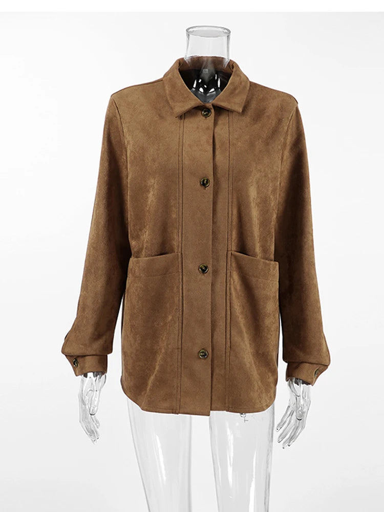 Casual Suede Long Sleeve Jackets Women Autumn Loose Brown Lapel Coat Top With Pockets Female Elegant Chic Street New in Outwear