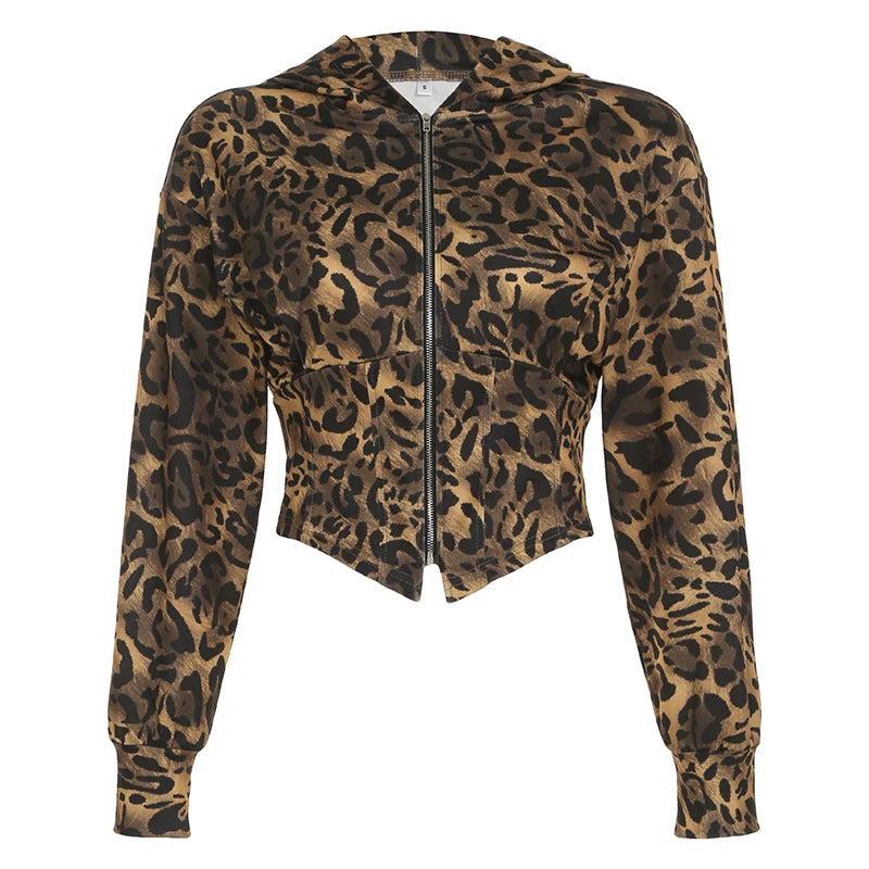 Autumn New Zip Up Hooded Women¡¯s Sweats Long Sleeve Binding Waist Leopard Streetwear Hoodies Gyaru Baddie Y2k