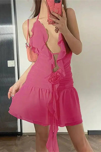 Floral Lace-Up Mini Dress with Ruffled Detail