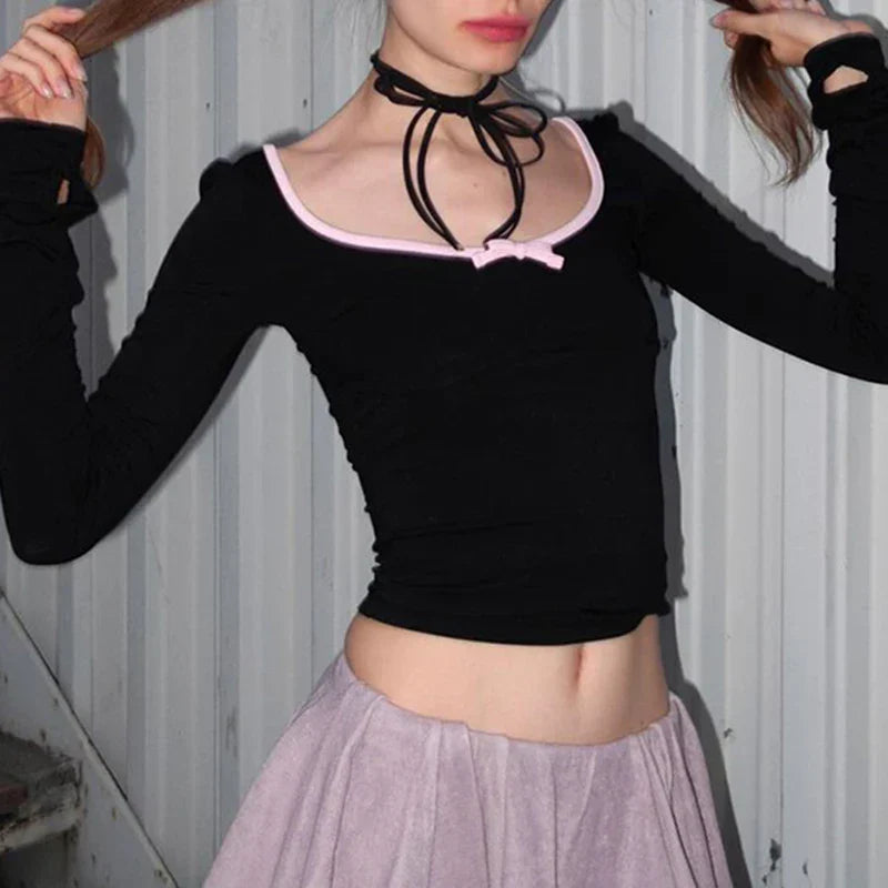 Voguable  Sweet Bow Contrast Patchwork Cropped Top Backless V-neck Slim-fit T-shirts Coquette Y2K Knitted Tees Women