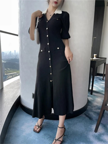 Autumn Elegant Knitted Dresses for Women Patchwork V-neck Puff Sleeve Single Breasted Midi Dress Fashion Ladies Vestidos Femme