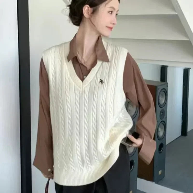 Sweater Cardigan Sleeveless Women Top Solid Sweater Knitted Vest Commuter Style Clothes Preppy Look Autumn Winter Woolly