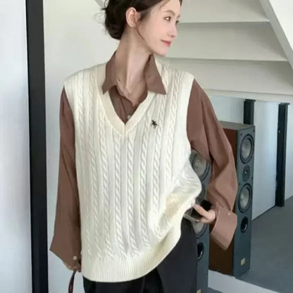 Sweater Cardigan Sleeveless Women Top Solid Sweater Knitted Vest Commuter Style Clothes Preppy Look Autumn Winter Woolly