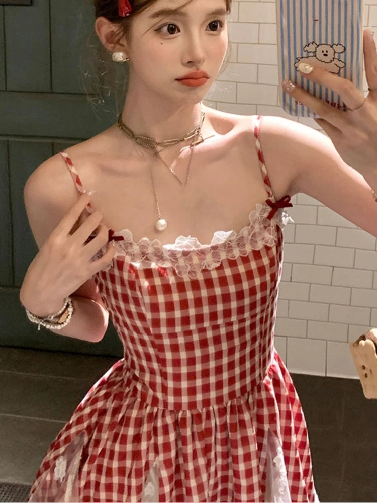 Y2K Red Plaid Mini Dresses for Women Spaghetti Strap Lace Patchwork A-line Birthday Party Dress Korean Fashion One Piece Vestido