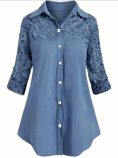 Women Casual Ladies Solid Color Turn-down Collar Lapel Long Sleeve Lace Stitching Hollow out Top Shirts DF5001