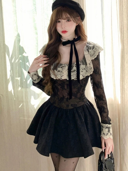 French Black Short Dresses for Women Lace Patchwork Long Sleeve A-line Birthday Party Dress Korean Fashion Mini Vestidos New