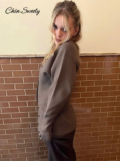 Vintage Women Knit Cardigans Solid V-Neck Long Sleeve Slim Button Sweater Female  Fashion Autumn Winter Lady Knitwear New