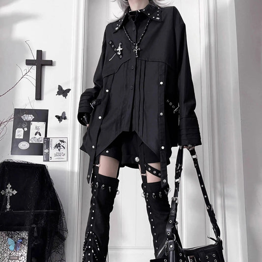 Gothic Metal Accent Tie Blouse