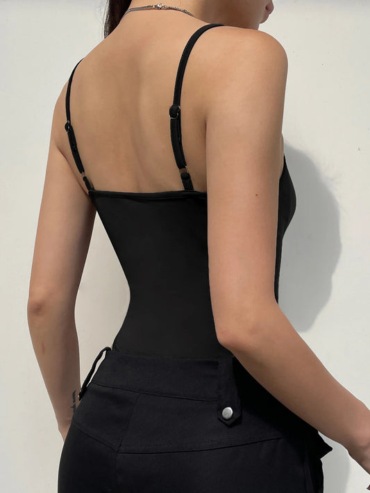 Sleeveless Skinny Shirring Skinny Sexy Spaghetti Strap Bodysuit For Women Black Solid Simple Basic Vacation Camisole