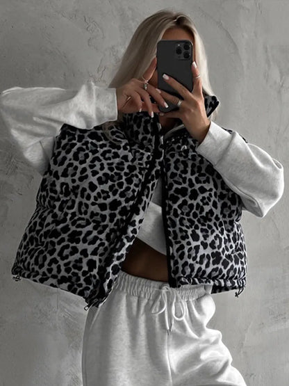Vintage Leopard Zipper Cotton Vests Women Casual Loose Sleeveless Lapel Short Coats Female Autumn Chic Elegant Street Outwear