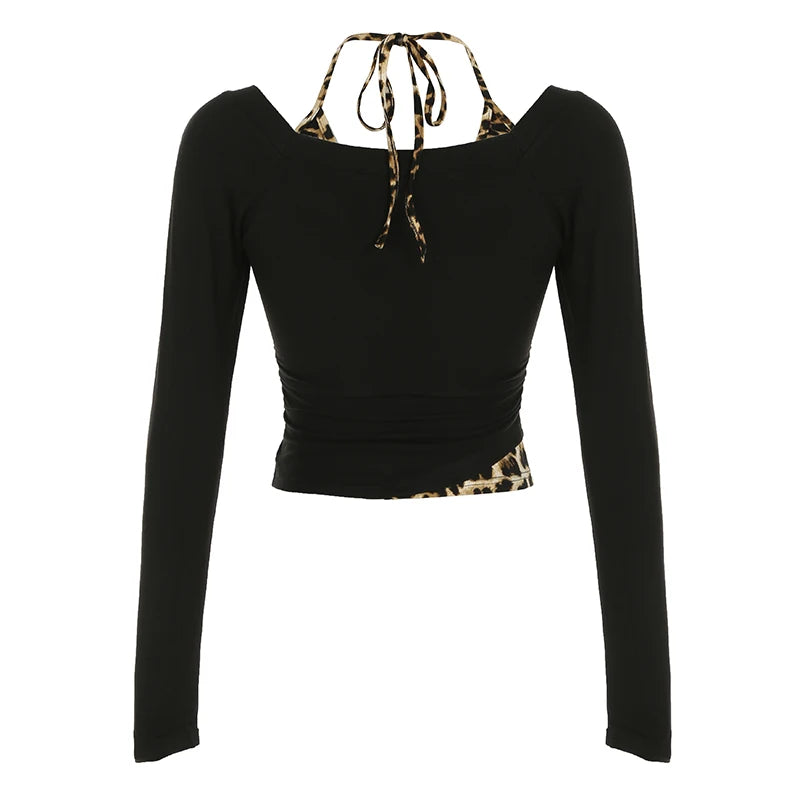 Patchwork Leopard Haled Fake Two Piece T-Shirt Women Long Sleeve Sexy Slim Design s New Blouses & Shirt Fashion