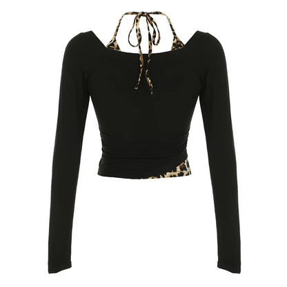 Patchwork Leopard Haled Fake Two Piece T-Shirt Women Long Sleeve Sexy Slim Design s New Blouses & Shirt Fashion
