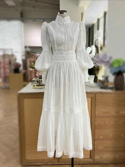 Elegant Long Dress Fairy Style Stand Up Collar Lantern Sleeves Splicing Waist Fashion Dresses Women 2025 Spring Autumn 1351