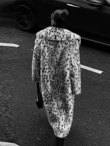 Fashion Animal Lapel Faux Fur Long Coat Women Loose Long Sleeve Pocket Lady Overcoats Autumn Winter Warm Street Thick Outwear